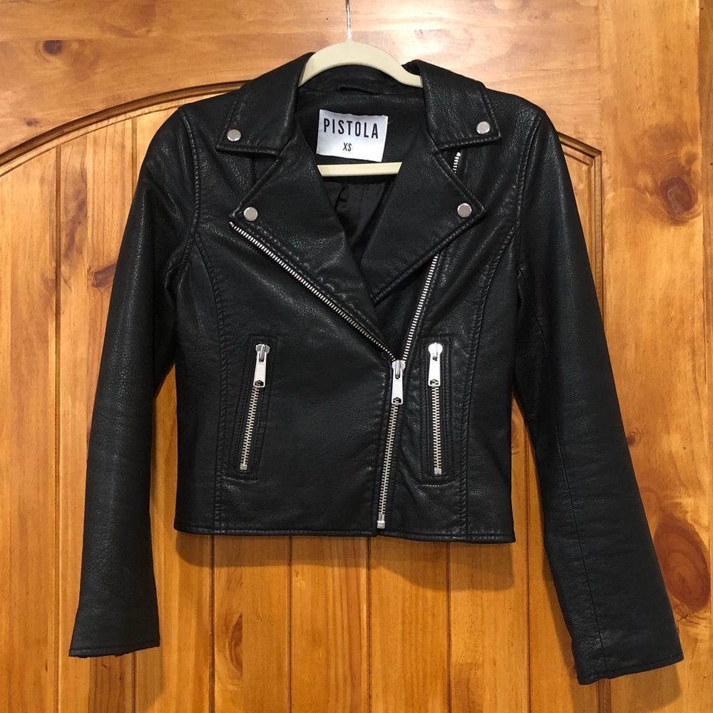 Pistola Black Leather Moto Jacket Asymmetrical Zipper Cropped